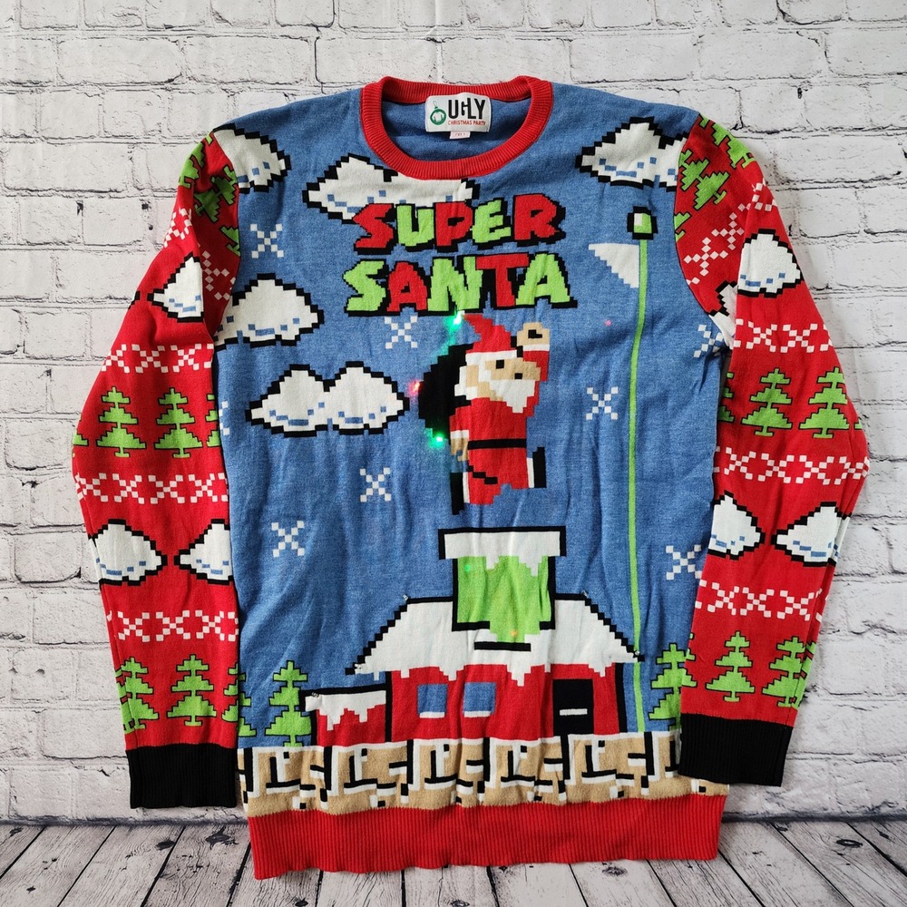 Ugly Christmas Party Super Santa Mens XL Light Up Sweater Blue Retro 8-Bit Pixel